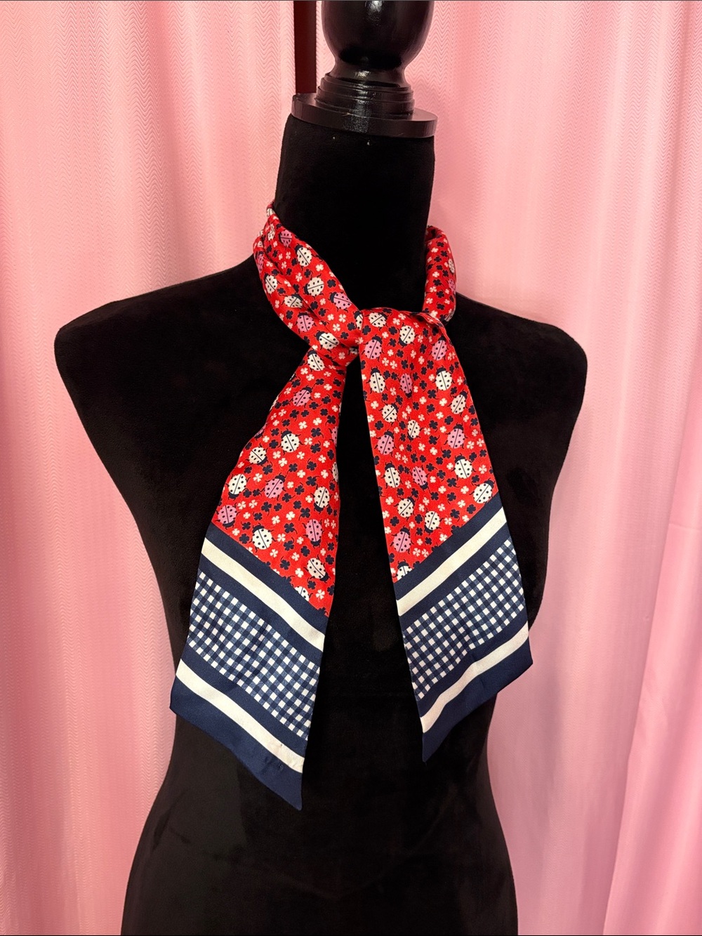 Satin Red and Blue Ladybug and Gingham Scarf